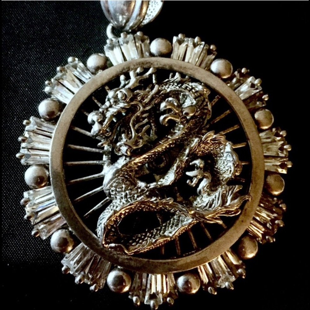 💕HP🐲Vintage Asian Dragon Crystal Silver Necklace - Picture 3 of 4